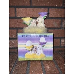 Cracker Barrel Vintage Easter Egg Holder Double Bunny Figurine with Box White
